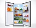Open double-door refrigerator filled with diverse food items Royalty Free Stock Photo