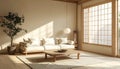 Minimalist Beige Sofa Living Room With Low Wooden Coffee Table And Shoji Windows. Royalty Free Stock Photo