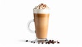 Tall glass mug of layered coffee, topped with whipped cream and sprinkled with cocoa. Royalty Free Stock Photo