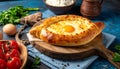 Delicious hachapuri filled with cheese and eggs, and a wooden table covered Royalty Free Stock Photo