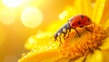 a shot of a lady bug on yellow flower, with water droplets, warm natural light, back Royalty Free Stock Photo