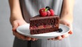 Woman holding plate with slice of chocolate sponge berry cake on grey background Royalty Free Stock Photo