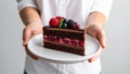 Woman holding plate with slice of chocolate sponge berry cake on grey background Royalty Free Stock Photo