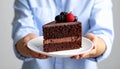 Woman holding plate with slice of chocolate sponge berry cake on grey background Royalty Free Stock Photo