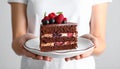 Woman holding plate with slice of chocolate sponge berry cake on grey background Royalty Free Stock Photo