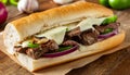 Close-Up of Steak and Cheese Sub with Mushrooms and Peppers on Hoagie Roll Royalty Free Stock Photo