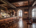 Warm, rustic pub interior featuring a wooden bar with stools, a variety of bottles displayed on shelves Royalty Free Stock Photo