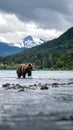 Brown bear (Ursus arctos) stands midstream in a river with a backdrop of forested hills Royalty Free Stock Photo