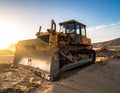 Yellow bulldozer parked on sandy terrain during sunset, with a clear blue sky and mountains in the background Royalty Free Stock Photo