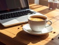 A white ceramic cup filled with espresso sits on a matching saucer on a light wooden table Royalty Free Stock Photo