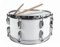 White snare drum with chrome hardware features eight metal tension rods evenly distributed around the drum\'s perimeter Royalty Free Stock Photo