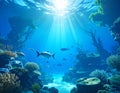 Underwater scene featuring a vibrant coral reef teeming with marine life with sunlight Royalty Free Stock Photo