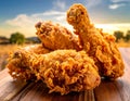 Crispy fried chicken drumsticks with a golden-brown crust rest on a wooden surface Royalty Free Stock Photo