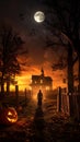 A haunting scene features a silhouetted person walking towards a large, ominous house under a full moon Royalty Free Stock Photo