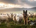 A German shepherd sits among a flock of sheep in a grassy pasture Royalty Free Stock Photo