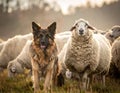 A German Shepherd stands next to a sheep, both looking directly at the camera Royalty Free Stock Photo