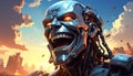 Fantasy cartoon artistic image of terminator like giant robot metal head laughing Royalty Free Stock Photo