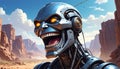 Fantasy cartoon artistic image of terminator like giant robot metal head laughing Royalty Free Stock Photo