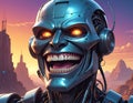 Fantasy cartoon artistic image of terminator like giant robot metal head laughing Royalty Free Stock Photo
