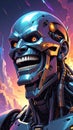 Fantasy cartoon artistic image of terminator like giant robot metal head laughing Royalty Free Stock Photo