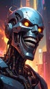 Fantasy cartoon artistic image of terminator like giant robot metal head laughing Royalty Free Stock Photo