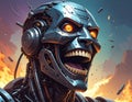 Fantasy cartoon artistic image of terminator like giant robot metal head laughing Royalty Free Stock Photo