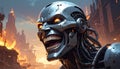 Fantasy cartoon artistic image of terminator like giant robot metal head laughing Royalty Free Stock Photo