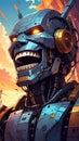 Fantasy cartoon artistic image of terminator like giant robot metal head laughing Royalty Free Stock Photo