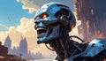 Fantasy cartoon artistic image of terminator like giant robot metal head laughing Royalty Free Stock Photo
