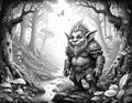 Coloring book artistic image of troll in a magic forest with magic creatures Royalty Free Stock Photo