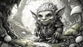 Coloring book artistic image of troll in a magic forest with magic creatures Royalty Free Stock Photo