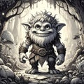 Coloring book artistic image of troll in a magic forest with magic creatures Royalty Free Stock Photo