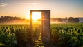 Door frame in the middle of an outdoor cannabis field as the sun rises Royalty Free Stock Photo