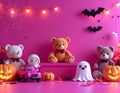 Minimalism style, magenta background, Halloween theme, toy store poster, pumpkins Royalty Free Stock Photo