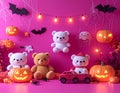Minimalism style, magenta background, Halloween theme, toy store poster, pumpkins Royalty Free Stock Photo