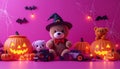 Minimalism style, magenta background, Halloween theme, toy store poster, pumpkins Royalty Free Stock Photo