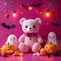 Minimalism style, magenta background, Halloween theme, toy store poster, pumpkins Royalty Free Stock Photo