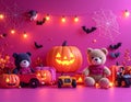Minimalism style, magenta background, Halloween theme, toy store poster, pumpkins Royalty Free Stock Photo