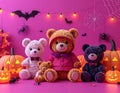 Minimalism style, magenta background, Halloween theme, toy store poster, pumpkins Royalty Free Stock Photo