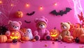 Minimalism style, magenta background, Halloween theme, toy store poster, pumpkins Royalty Free Stock Photo