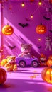 Minimalism style, magenta background, Halloween theme, toy store poster, pumpkins Royalty Free Stock Photo