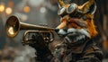 Moody portrait photo of steam punk fox with trumpet Royalty Free Stock Photo