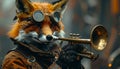 Moody portrait photo of steam punk fox with trumpet Royalty Free Stock Photo