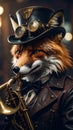 Moody portrait photo of steam punk fox with trumpet Royalty Free Stock Photo