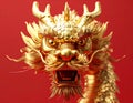 Front View Close Up of Ornate Golden Chinese Dragon Head on Red Background Royalty Free Stock Photo