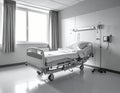 Hospital room featuring a single adjustable hospital bed with wheels and handrails Royalty Free Stock Photo