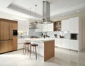Modern kitchen interior features a sleek white and wood theme Royalty Free Stock Photo