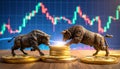 Bull and bear fight for a Bitcoin coin, candlestickchart in the background Royalty Free Stock Photo