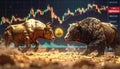 Bull and bear fight for a Bitcoin coin, candlestickchart in the background Royalty Free Stock Photo