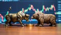Bull and bear fight for a Bitcoin coin, candlestickchart in the background Royalty Free Stock Photo